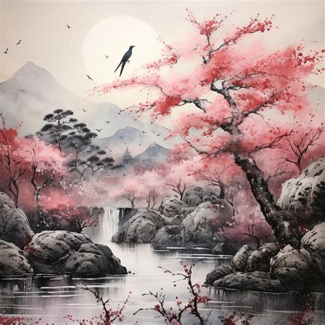 Premium Ai Image Black And White Japanese Landscape Ink Wash Painting