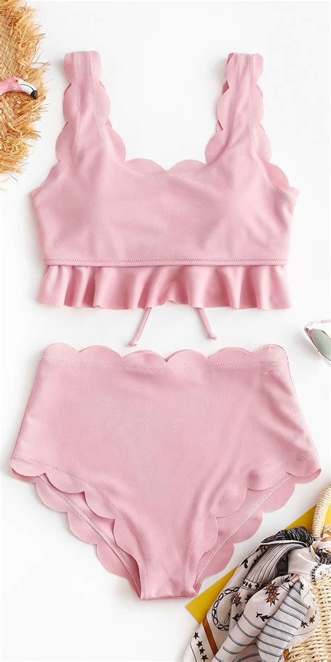 Shop For Pink Textured Lace Up Scalloped Tankini Set Bathing Suit Girls Bathing Suits Cute