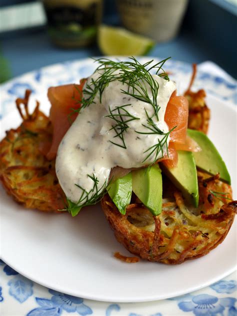 Place half of the cream cheese cubes and the salmon pieces over potatoes. Oven Baked Brunch Rosti with Smoked Salmon - Taming Twins