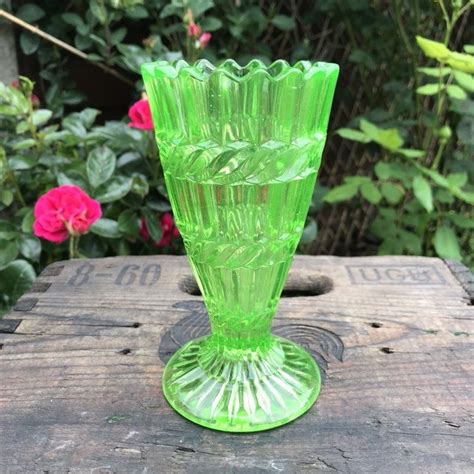 antique uranium green glass vase by henry greener pressed glass exterior with spiral illusion