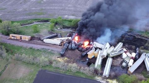 Aerial View Of Burning Train On Railroad After Terrible Accident