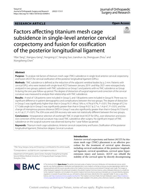 Pdf Factors Affecting Titanium Mesh Cage Subsidence In Single Level