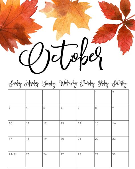 Cute October 2021 Calendar Printable Floral Designs