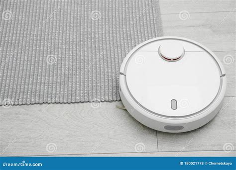 Hoovering Floor With Robotic Vacuum Cleaner Indoors Space For Text