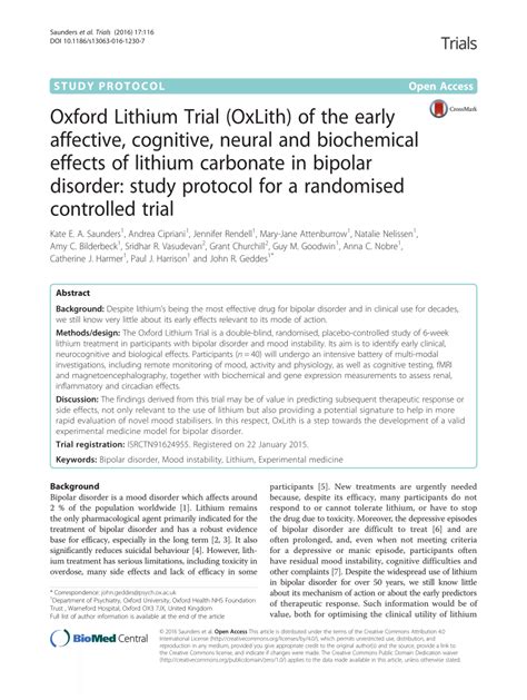Eskalith can pass into breast milk and may harm a nursing baby. (PDF) Oxford Lithium Trial (OxLith) of the early affective ...