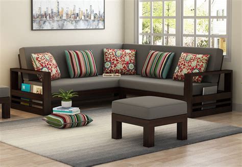 Buy Winster L Shaped Wooden Sofa Warm Grey Walnut Finish Online In