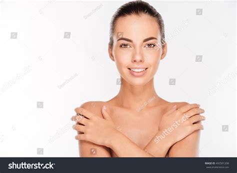Beauty Portrait Nude Woman Covering Her Stock Photo 492501208