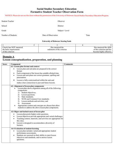 Lesson plan template for observations. Social Studies Secondary Education Formative Student Teacher Observation Form
