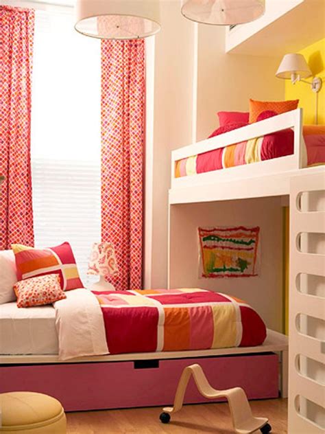 For smaller rooms cabin beds and beds with integrated storage would make a good choice. Bright And Sunny Girls Bedroom For Two | Kidsomania