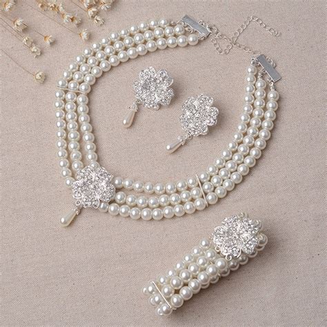Elegant Pearl Diamond Wedding Bridal Jewelry Set Including Necklace And
