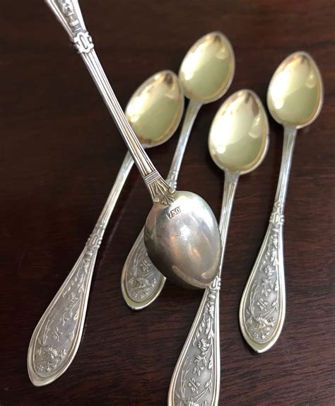 Antique Silver Demitasse Spoons Unique Pattern Bird And Butterflies