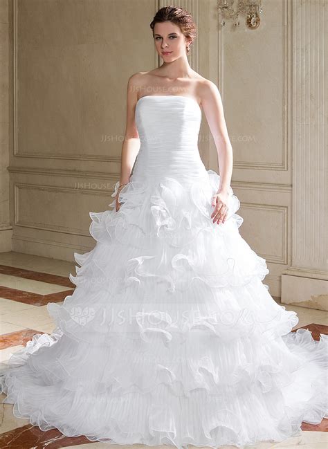 Ball Gown Strapless Chapel Train Organza Wedding Dress With Cascading