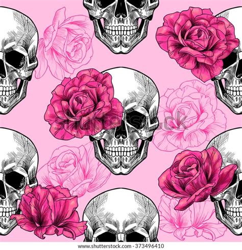 Skulls Pink Roses On Pink Backgroundvector Stock Vector Royalty Free