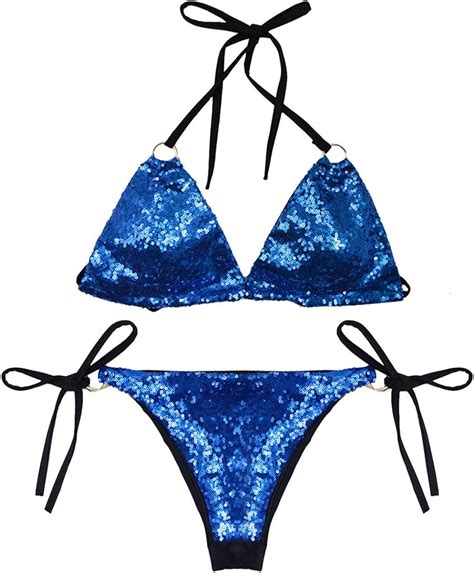 Meliya Women Sexy Halter Bikini Set 2 Pieces Triangle Sequin Swimwear Beachwear Push Up Swimsuit