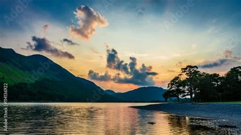 Beautiful Sunset Over The Lake And Mountains In The Lake District In