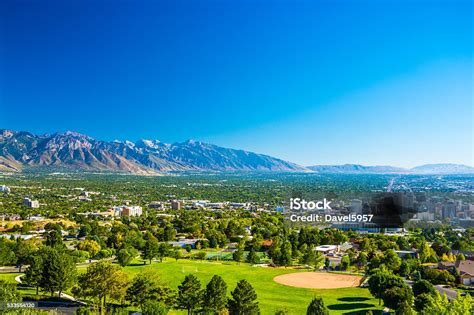 Salt Lake City Skyline Aerial View With Mountains And Park Stock Photo