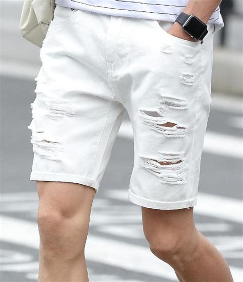Mens White Jeans Shorts Slim Fit 2016 Fashion Summer Broken Hole Short