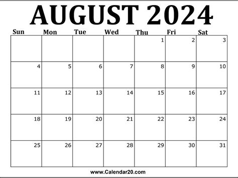 August 2024 Calendar Printable