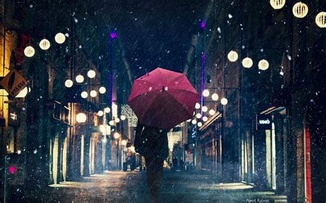 Download Wallpaper 3840x2400 Silhouette Umbrella Night City Rain