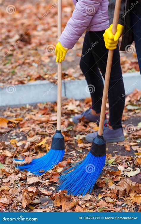 Dad And Daughter Clean The Park Of Autumn Leaves Stock Photo Image Of