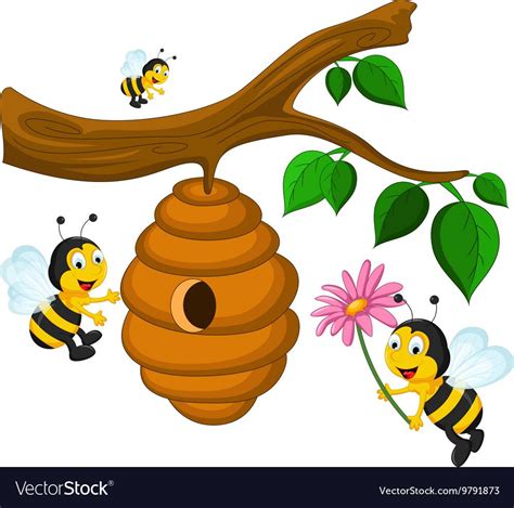 Vector Illustration Of Bees Cartoon Holding Flower And A Beehive