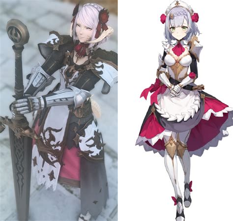 They're called a cold reception, goodbye, miss maid, a defender's will is their strength, a maid above ground, a conundrum called love and whisper of the paper rose. Try at Noelle from Genshin Impact! : FFXIVGlamours