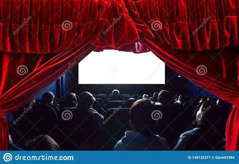 People In The Cinema Watching A Movie Blank Empty White Screen Red