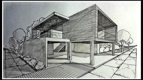 Drawing A Modern House In Two Points Perspective Time Lapse Youtube