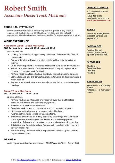 Find the best diesel mechanic resume sample and improve your resume. Diesel Truck Mechanic Resume Samples | QwikResume