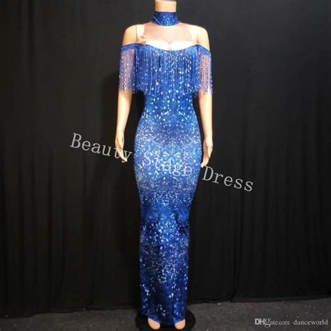 2020 Flashing Sequins Blue Tassels Long Dress Female