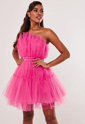 pink bandeau oversized tulle dress with pleated front and satin waistband mini dress with