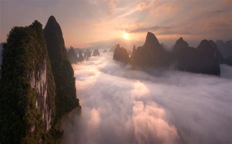 Nature Landscape Sunrise Mountain Mist Clouds China