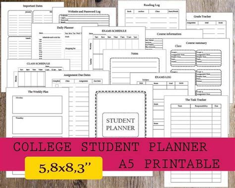 College Student Planner Printable 2019 Student Planner A5 Etsy