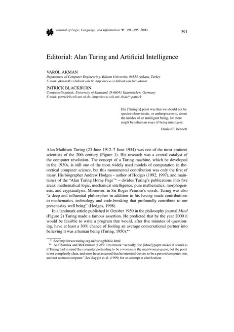 (PDF) Editorial: Alan Turing and Artificial Intelligence