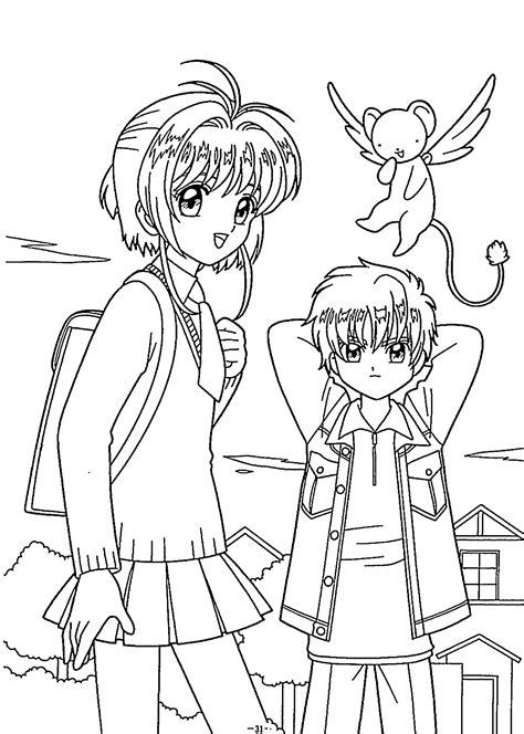 Sakura with friend coloring pages for kids, printable free Anime