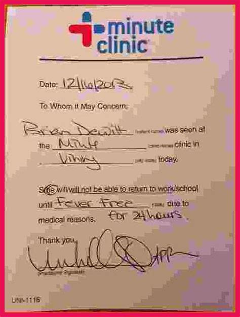Minute Clinic Doctors Note Template