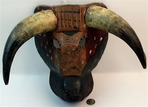 Lot Vintage Hand Carved And Hand Painted Wood Mexican Bull Mask