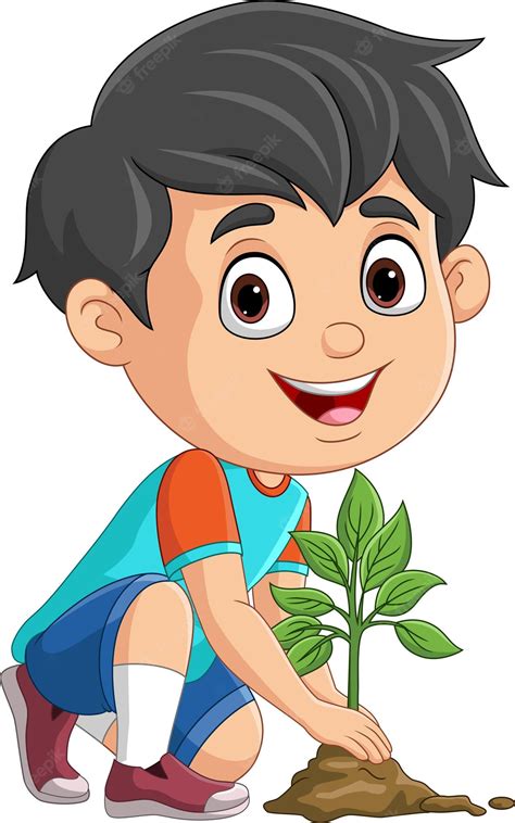Premium Vector Cute Little Boy Planting A Plant