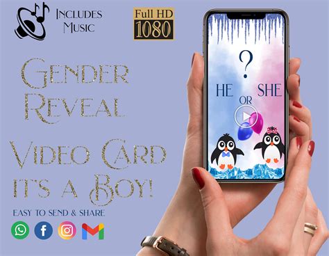 penguin gender reveal announcement animated video card etsy