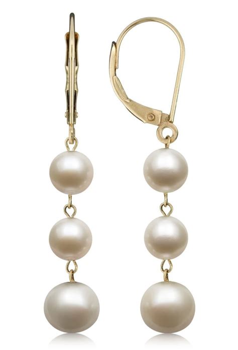 Yellow Gold Cultured Freshwater Pearl Trio Dangle Drop Earrings