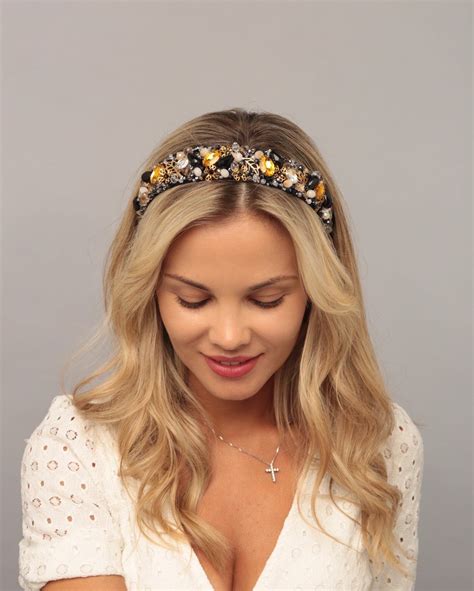 Black Gold Headband Jeweled Crown Baroque Headpiece Bridal Etsy
