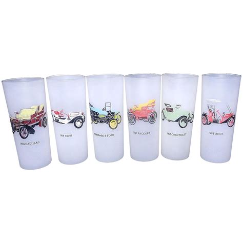 Vintage Mid Century Hazel Atlas Frosted Highball Glasses Of Antique Cars Set Of 6 Glasses