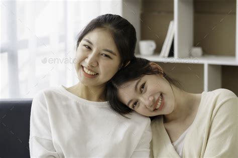 Happy Lgbtq Asian Lesbian Couple Two Asian Girls Show Their Love By