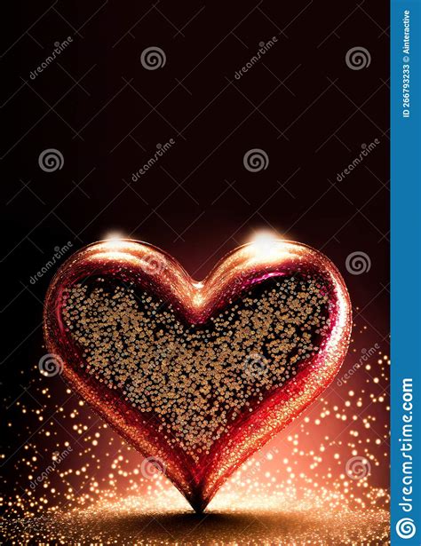 Shiny Glittery Heart Shape On Golden Lighting Background 3d Stock