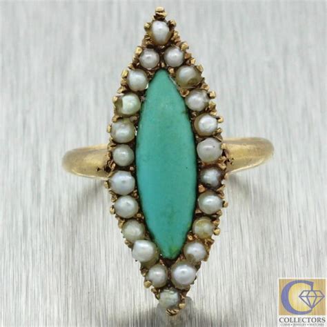 1880s Antique Victorian 14k Yellow Gold Turquoise Seed Pearls Navette