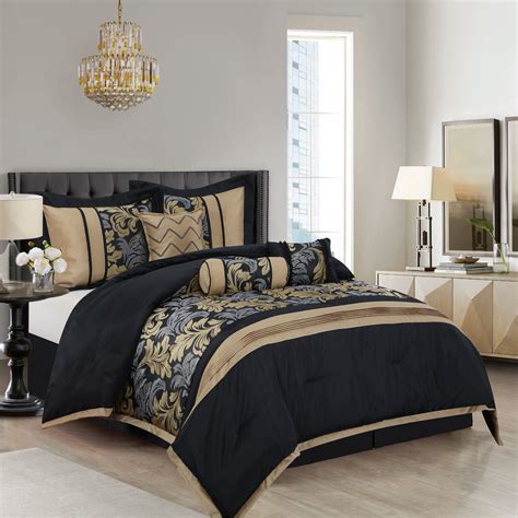 Lanco Black And Gold Comforter Set California King Size 7 Piece