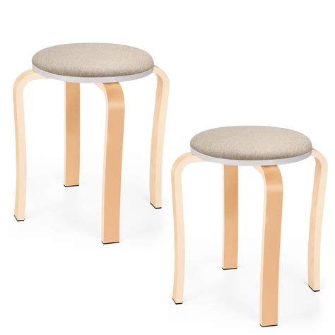 Winzone Wood Stools Set Of 2 Round Upholstered Backless Stackable