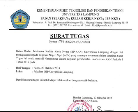 Contoh surat tugas dalam artikel ini diantaranya adalah surat tugas organsisasi, surat 1. Surat Tugas - Pembekalan KKN Periode I Tahun 2019 - BP-KKN UNILA