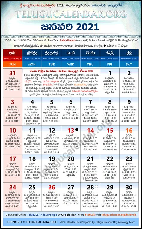 Andhra Pradesh 2021 January Telugu Calendar Festivals & Holidays
