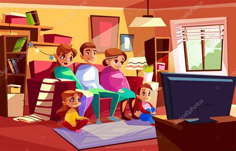 Familia Viendo La Ilustración De Dibujos Animados Vector De Televisión 2022